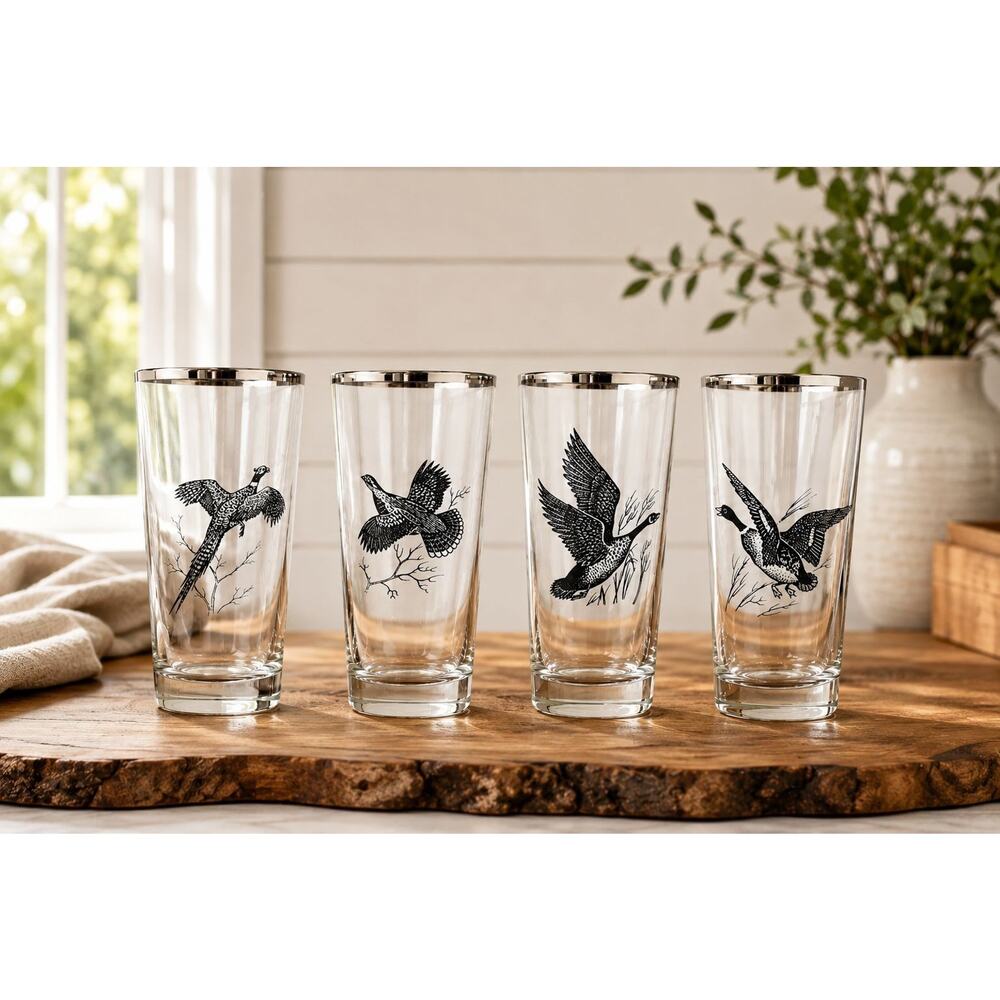 Vintage Game Bird Highball Glasses Set of 4 Silver Rim 16 oz Hunting Barware